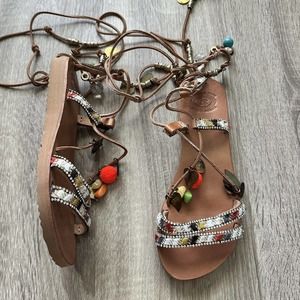 Elina Linardaki Stardust Leg-Wrap Leather Gladiator Sandal